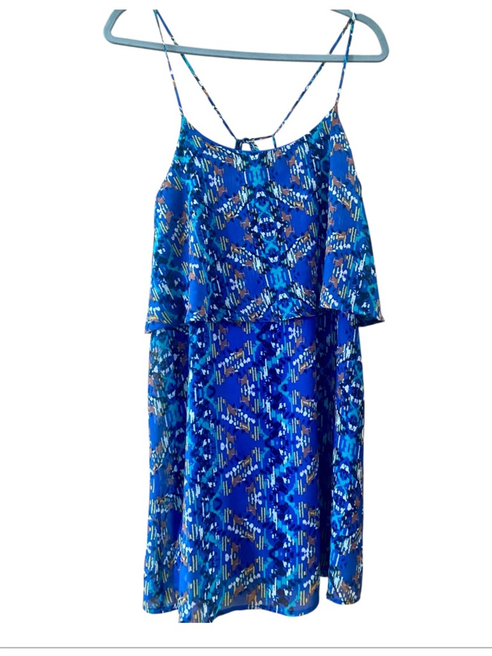 Blue Abstract Print Layered Ruffle Cami Dress S Tie Back Flowy Lined Mini Boho